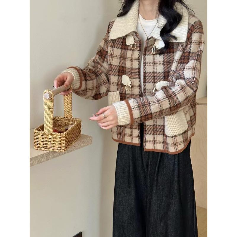 

Съемный двухслойный свитер-жакет в клетку на шее женский осенне-зимний новый высококачественный вязаный двусторонний шерстяной кардиган average size