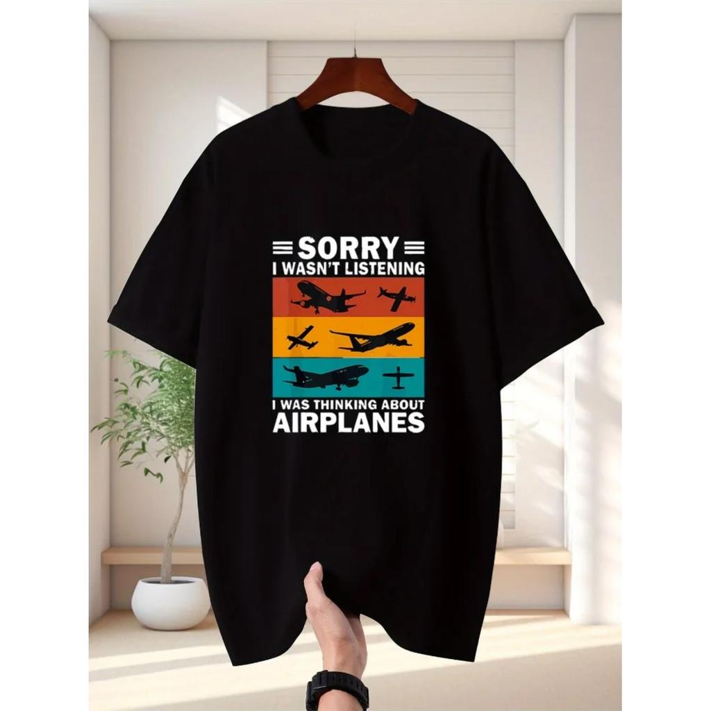 Men's Summer 100% Pure Cotton Fashionable Casual Loose Fun Aviation Pattern Printed Sports Round Neck Short Sleeved T-shirt Top
