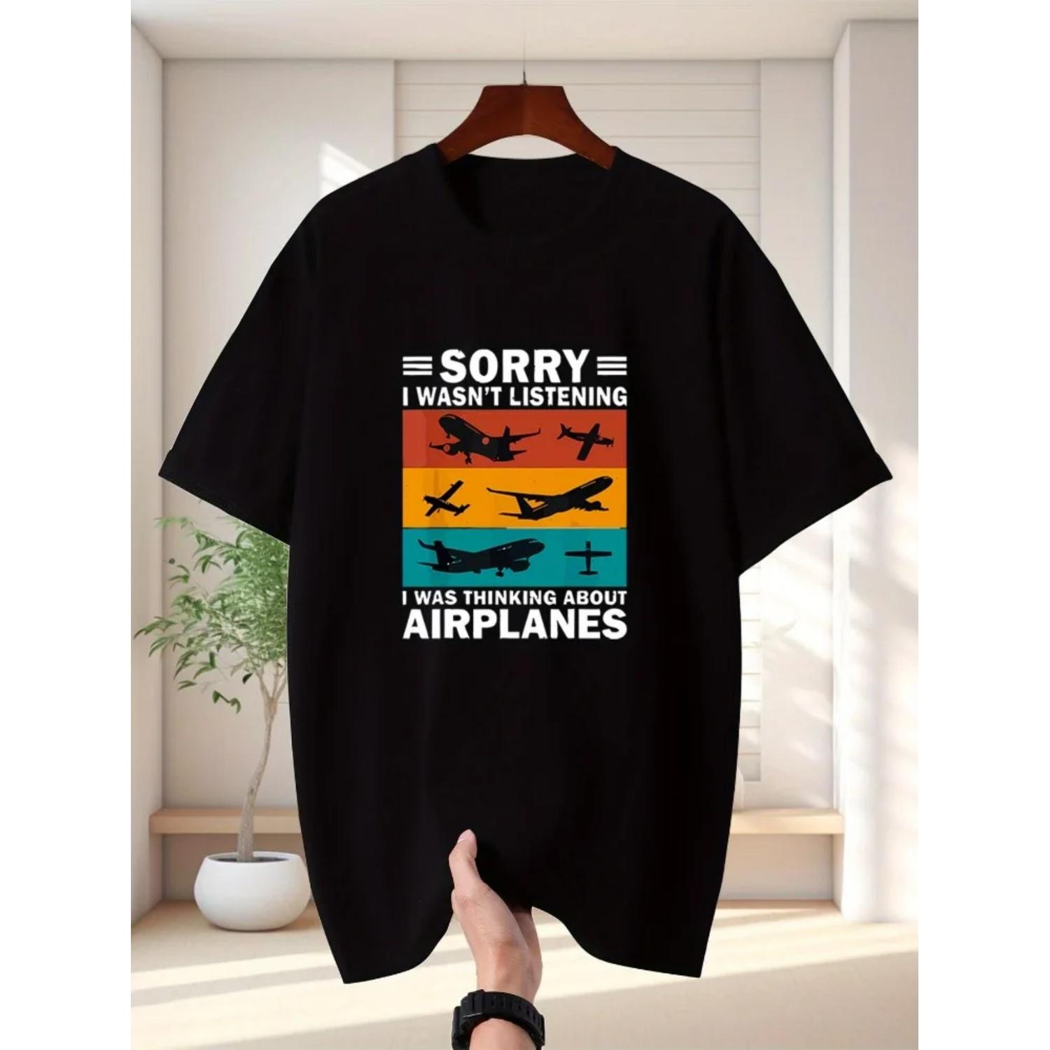 

Men s Summer 100% Pure Cotton Fashionable Casual Loose Fun Aviation Pattern Printed Sports Round Neck Short Sleeved T-shirt Top S чёрный