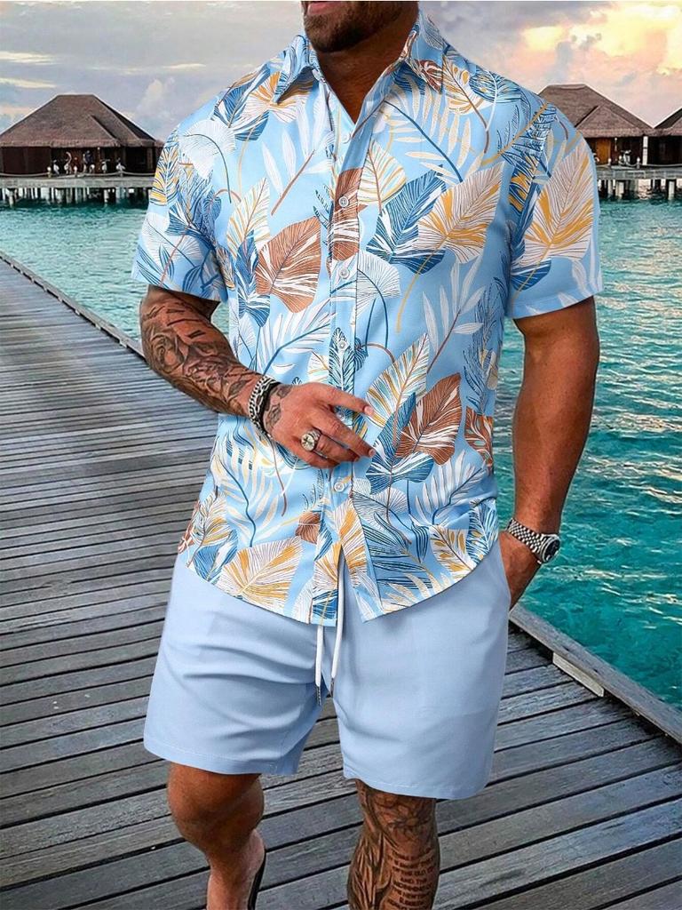 Sommer Strand 2-teiliges Hemd Set Herren Lässig Tropischer Print Kurzarmhemd Und Shorts Set Tropisches Hemd Herren Urlaubs Sets