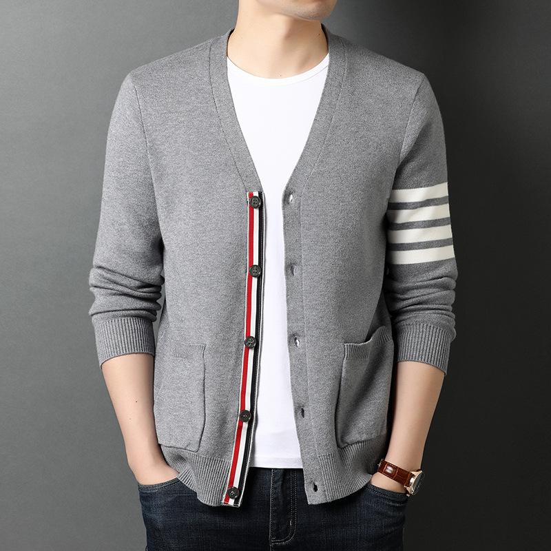 Giacca Maglione Lavorato a Maglia da Uomo Autunnale con Scollo a V a Righe