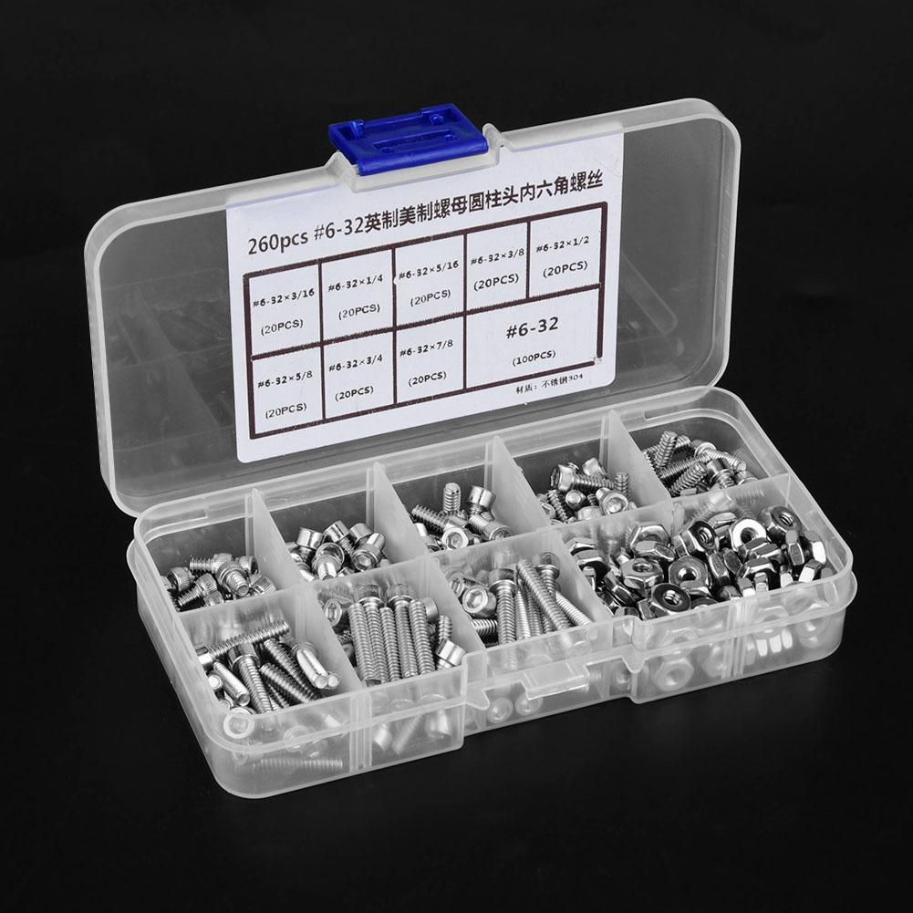 260pcsset #632 Stainless Steel Hex Socket Cap Head Screws and Nuts Assortment