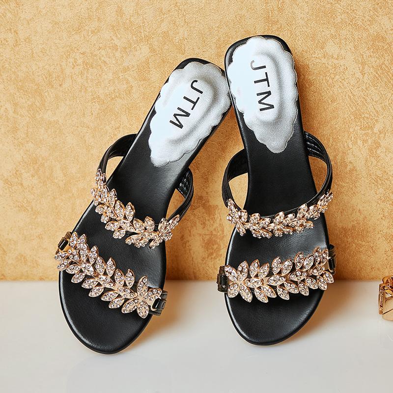 Summer new rhinestone sandals large size thick heel sandals fashionable outer wear one word medium heel women's shoes
