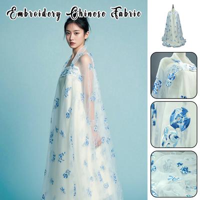 50cm Chinese Hanfu Embroidery Fabric Organza Ancient Style Embroidered Designer Fabric for DIY Hanfu Shirts Doll Clothing