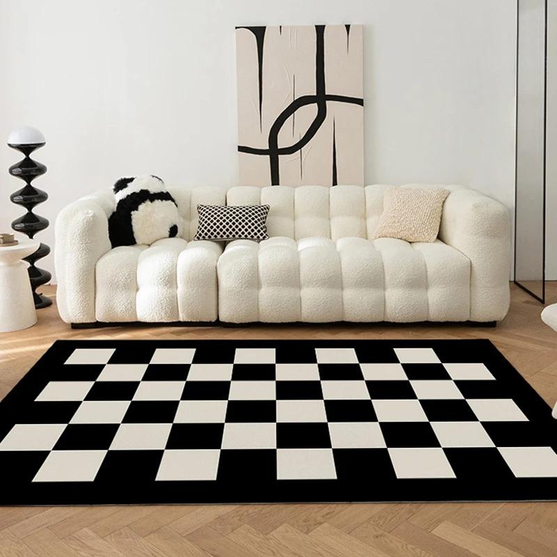Black White Checkerboard Fluffy Rug Cream Style For Living Room Bedroom Girl Room Anti-Skid Mat