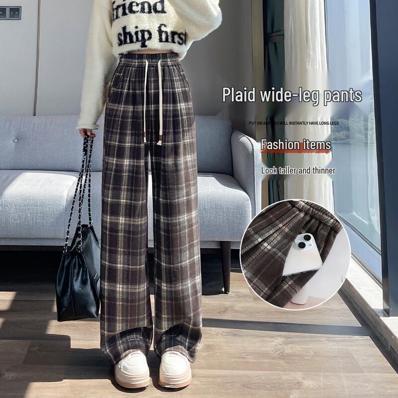 

HSTYLE Women s Plaid High-Waist Wide-Leg Pants M