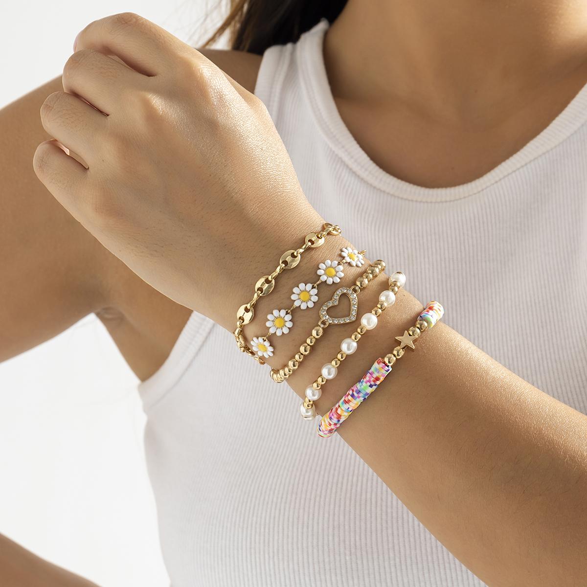 

5Pcs/Set Kpop Sunflower Ball Polymer Clay Chain Bracelets for Women 2026 Trending Rhinestone Love Heart Bangles Couple Jewelry