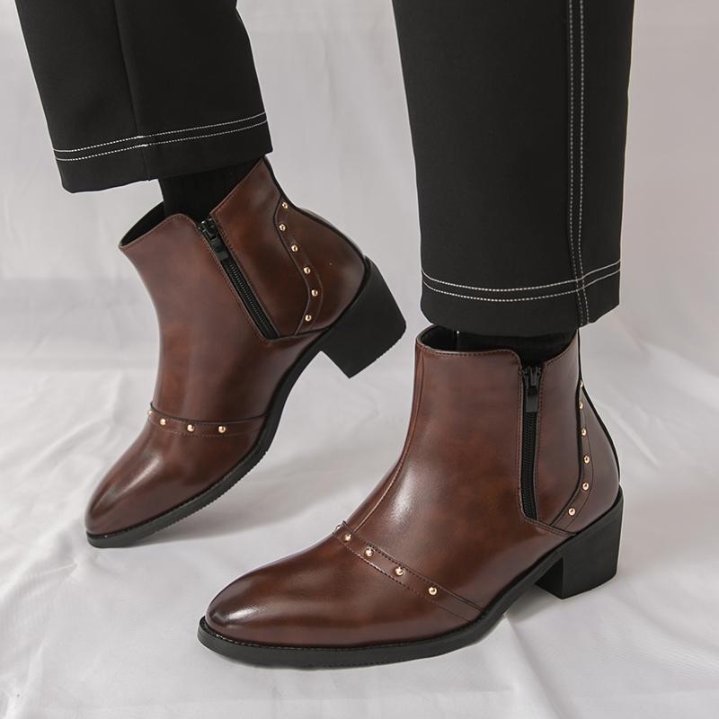 Designer New Men's Pointed Punk Rivet Patent Leather Chelsea Casual Ankle Boot Male Winter High Tops Cuban Shoes Zapatos Hombre