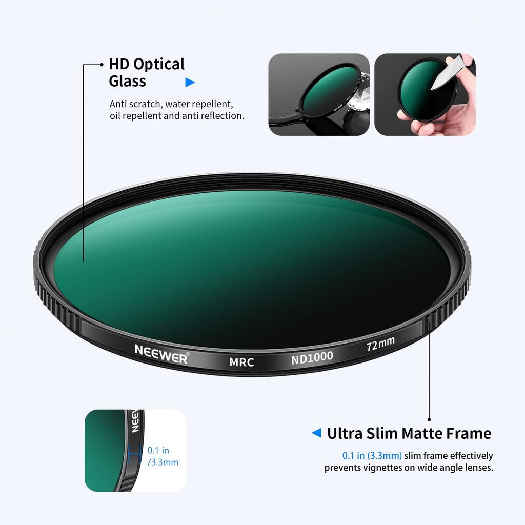 NEEWER 77mm ND1000 Neutral Density Filter with HD Optical Nano and Frame for Long Exposure Photography 10-Stop Glass, Multi-Layer Coating,