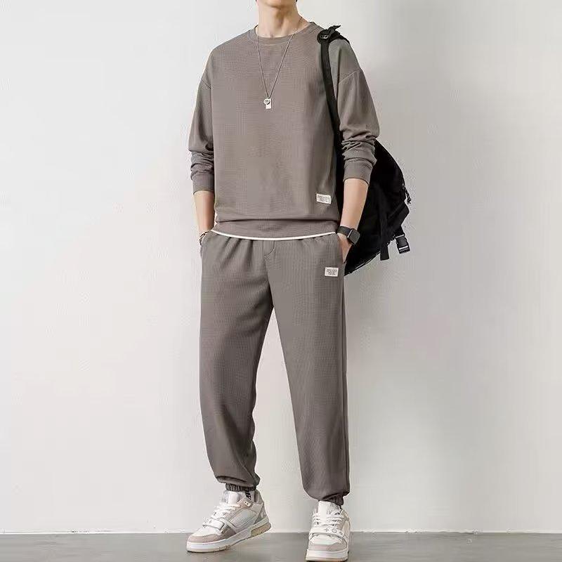 Men's Autumn Waffle Long-Sleeve Track Suit - Trendy Two-Piece 