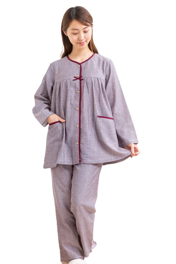 Eye Cotton Double Gauze Long Sizes 33033 K's Women's 100% Open-Front Pajamas, Sleeve, S/M/L/LL/3L, (Brown, M)