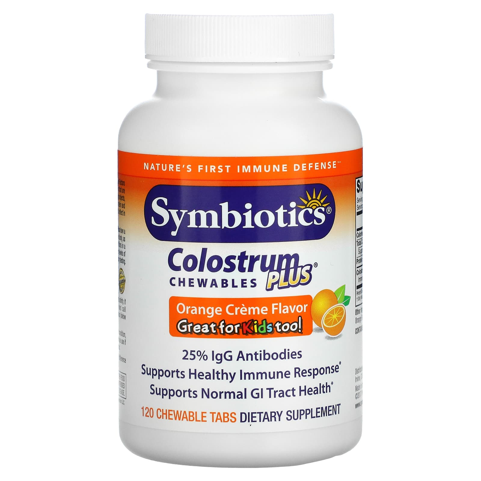 

Symbiotics, Colostrum Plus, Orange Cream, Chewable 120 Tablets