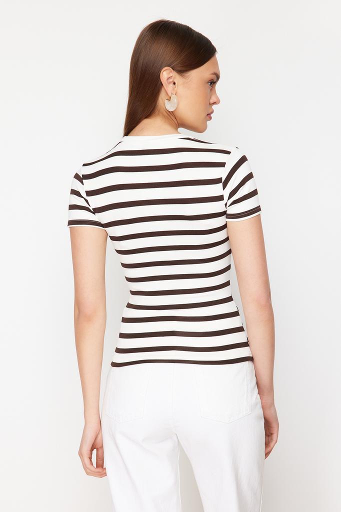 Women's Fashion New Blouse Brown Striped Viscose Soft Fabric Fitted Knitted Blouse