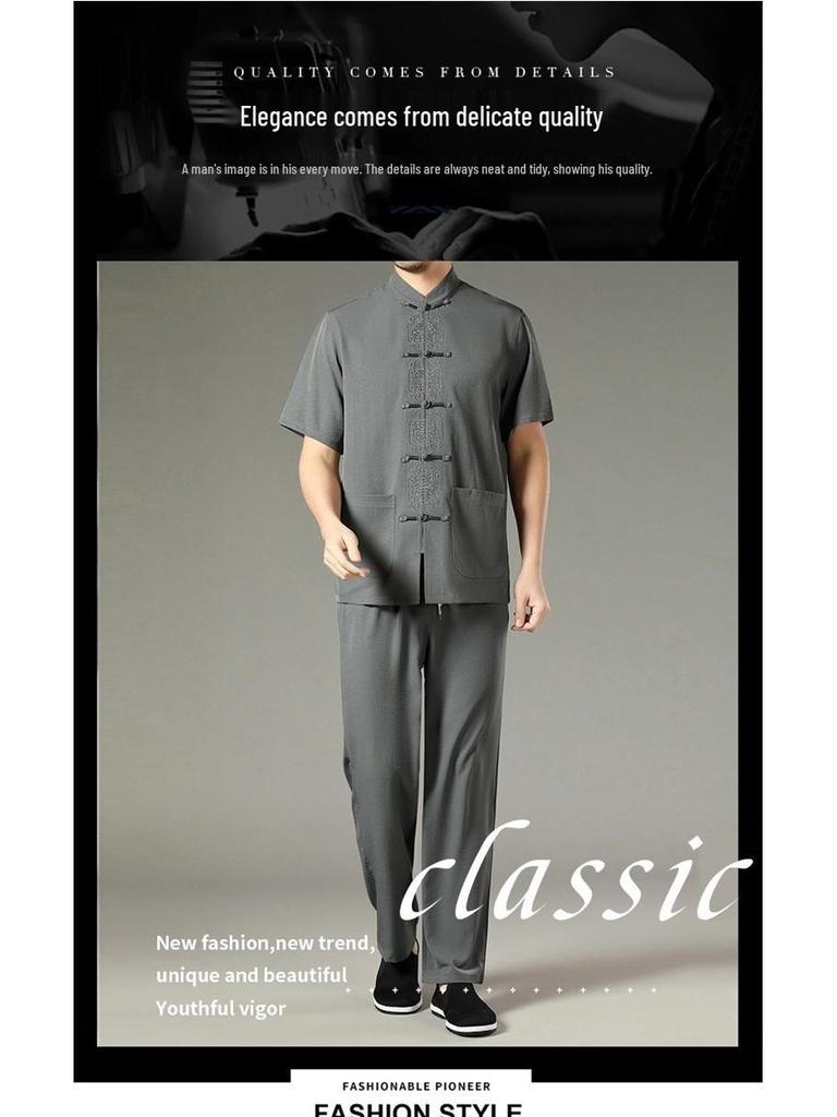 Men's 2022 Summer Short Sleeve Tang Suit: Cotton Linen Two-Piece Set for Middle-Aged and Elderly Casual Wear