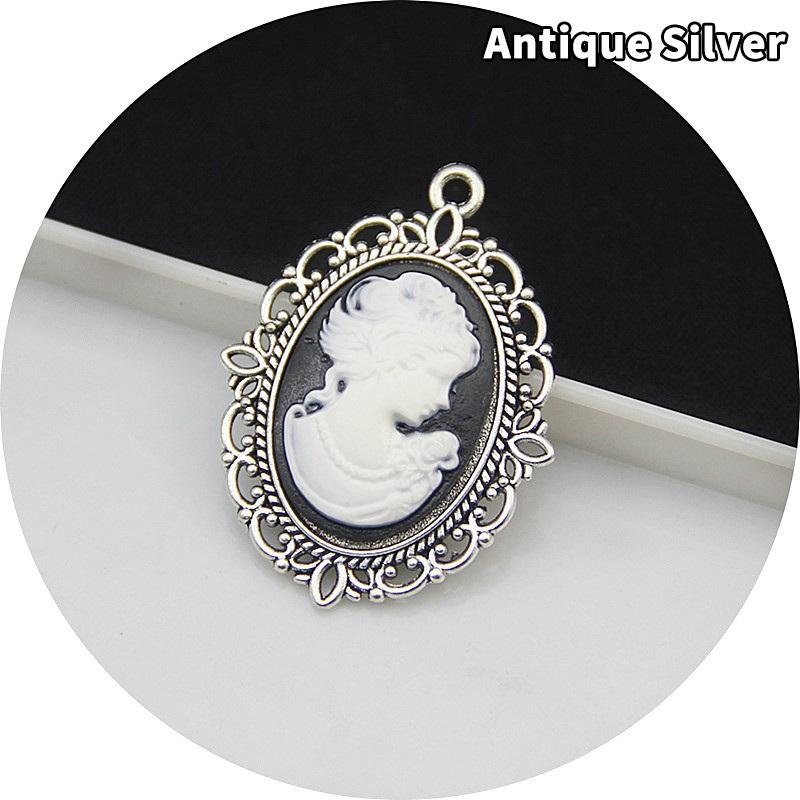 Antique Silver Oval Zinc Alloy Pendant With An Inlaid 18*25Mm Beauty Head Design, Hair Accessory Necklace, Diy Jewelry Accessory