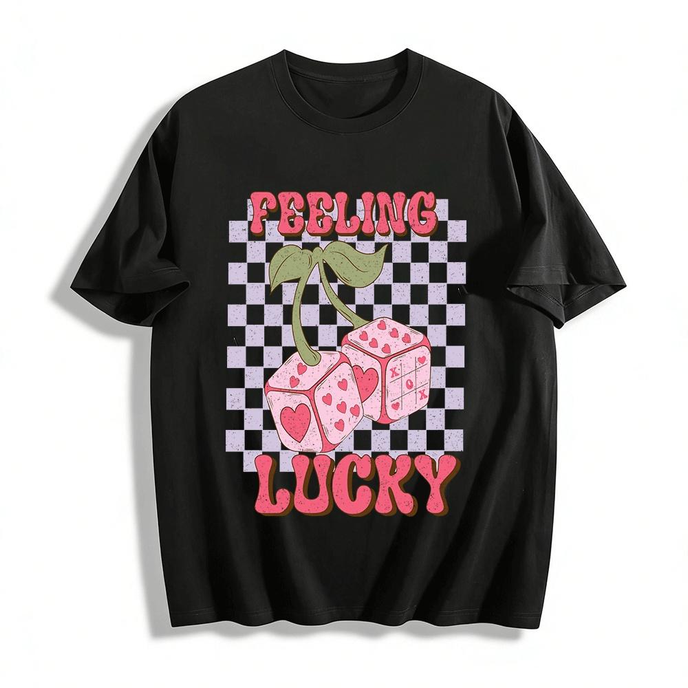 

Feeling Lucky Cherry Dice Graphic Casual Tee Retro Style Pure cotton T-shirt XXS