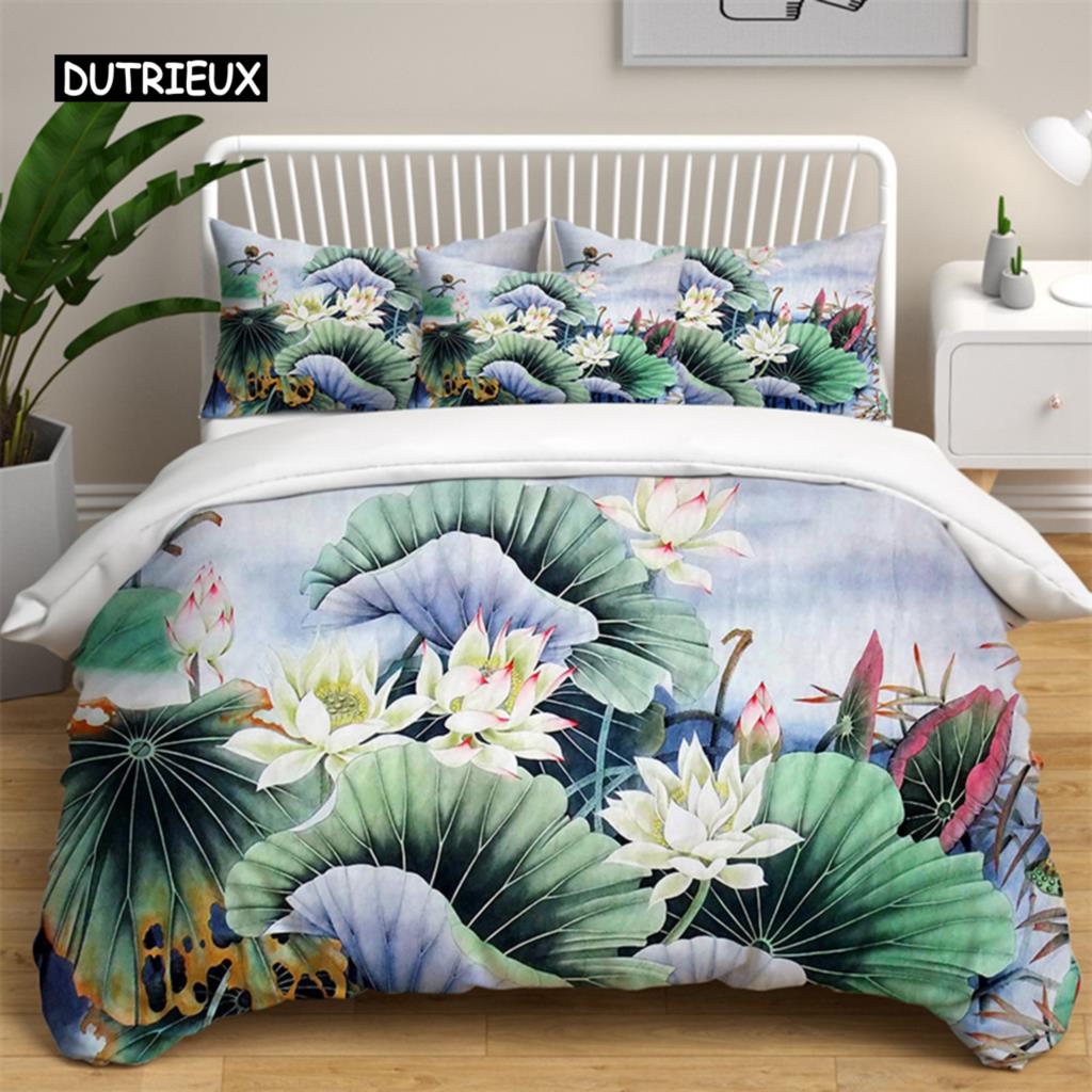 Lotus Floral Duvet Cover King Microfiber Water Hibiscus Bedding Set Flower Leaves Quilt Cover Nature Art Theme Bedspread Cover