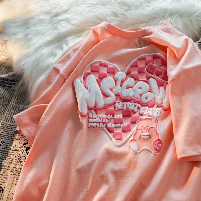 

Футболки с короткими рукавами, женские футболки с вышивкой в ​​виде галстука-краски, свободные размеры в стиле хип-хоп, свободные корейские стили, универсальные студенческие простые шикарные футболки с круглым вырезом L розовый