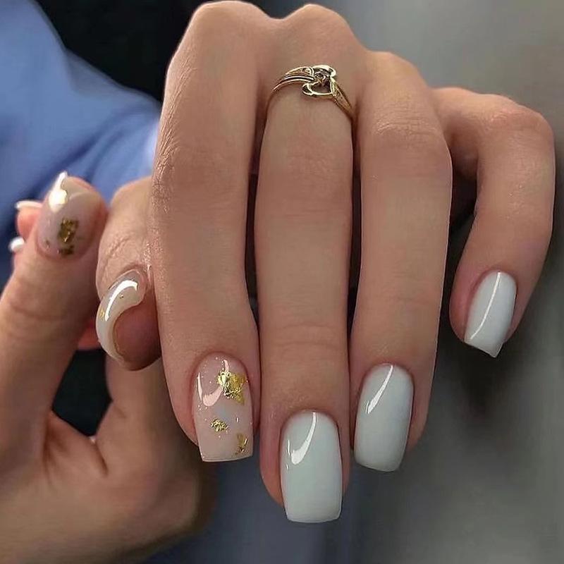 24Pcs Short Square Floral Press On Nails With Glue Shimmery Glitter French Fake Nail Tips Full Cover Manicure