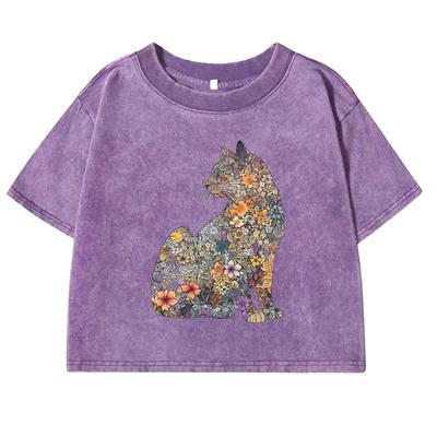 Blumen & Katzen Druck Gewaschene T-Shirts Damenmode Crop-T-Shirt Street Tees Kleidung Sommer Baumwolle Kurzarm