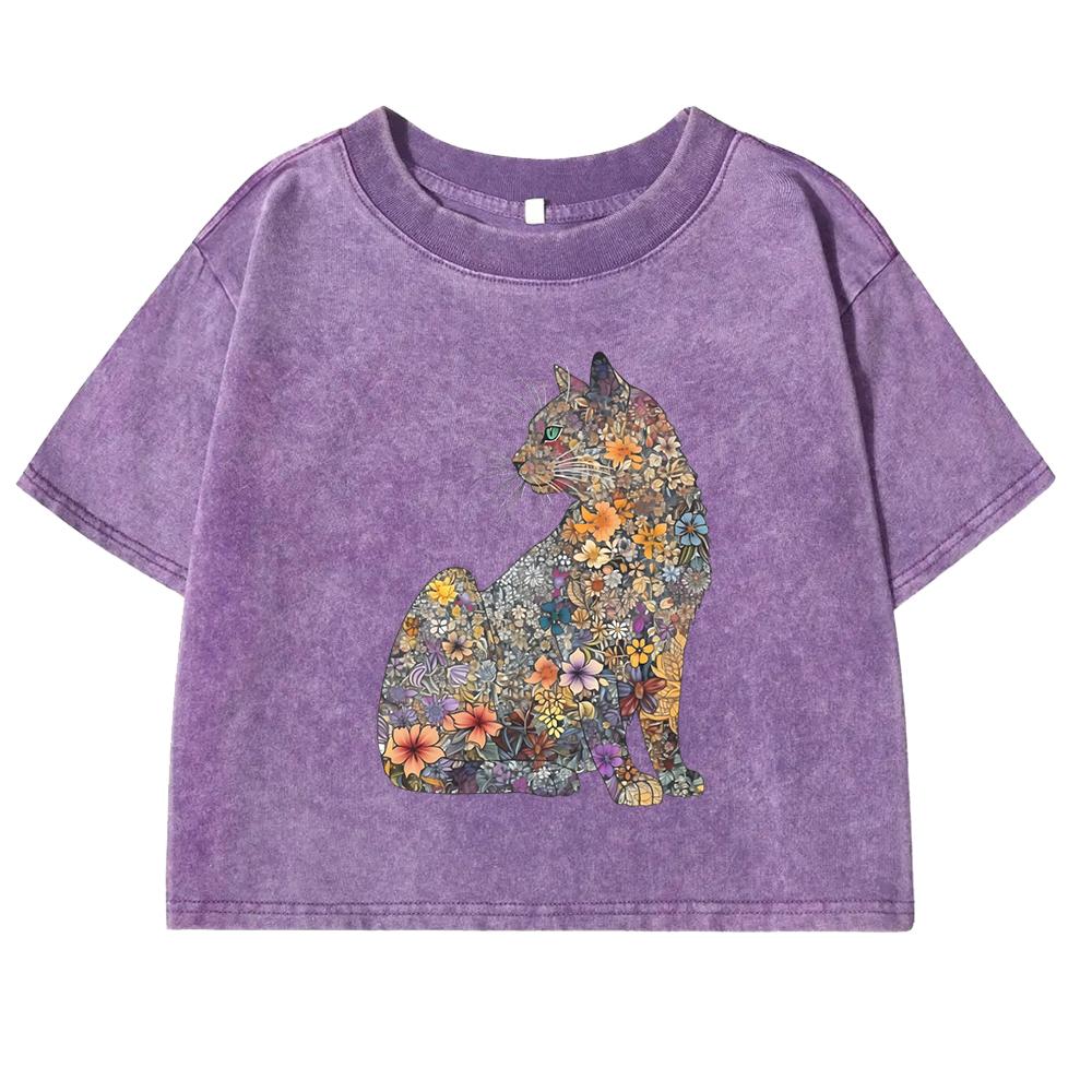 

Flowers & Cats Printing Washed T Shirts Women Fashion Crop T-Shirt Street Tees Clothing Summer Cotton Short Sleeve M