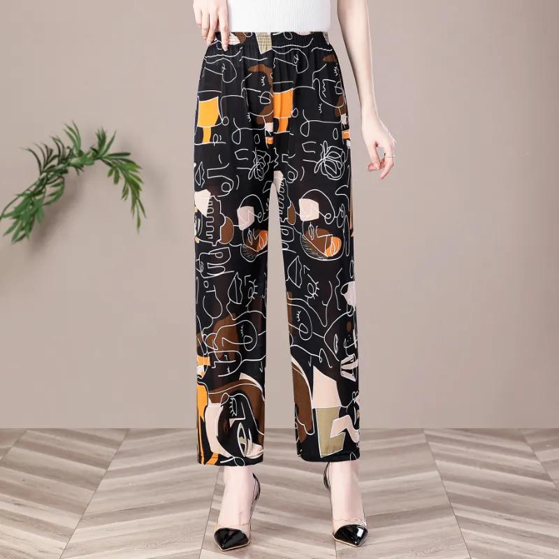 

WTEMPO Тонкие дышащие повседневные свободные брюки для мам большого размера, женские эластичные укороченные брюки с высокой талией и принтом One Size