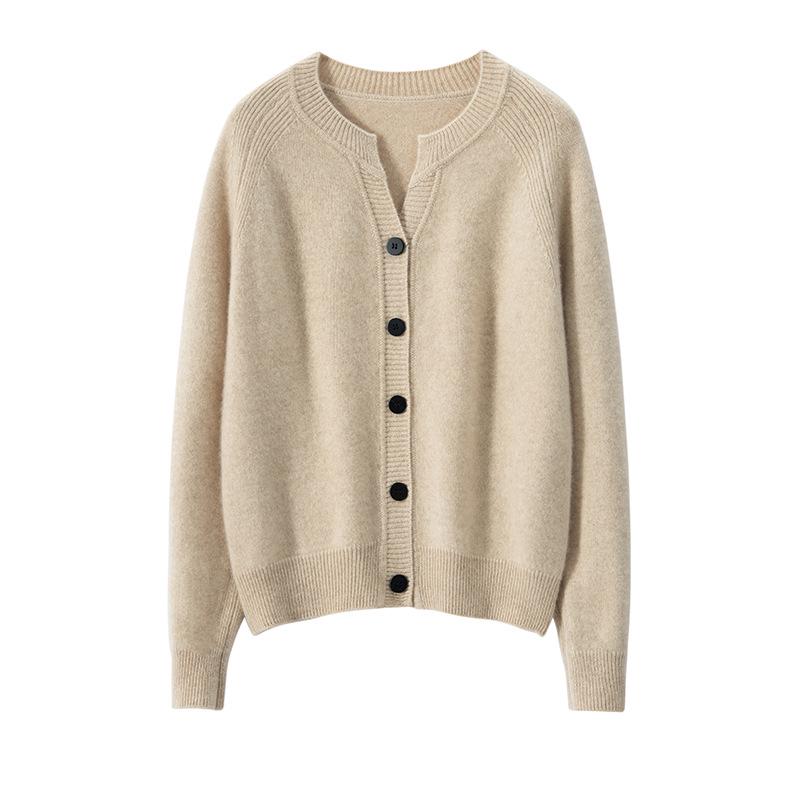 Women's Thick Cashmere Round Neck Raglan Sleeve Sweater Cardigan - Loose Fit, Autumn/Winter Versatile Outerwear