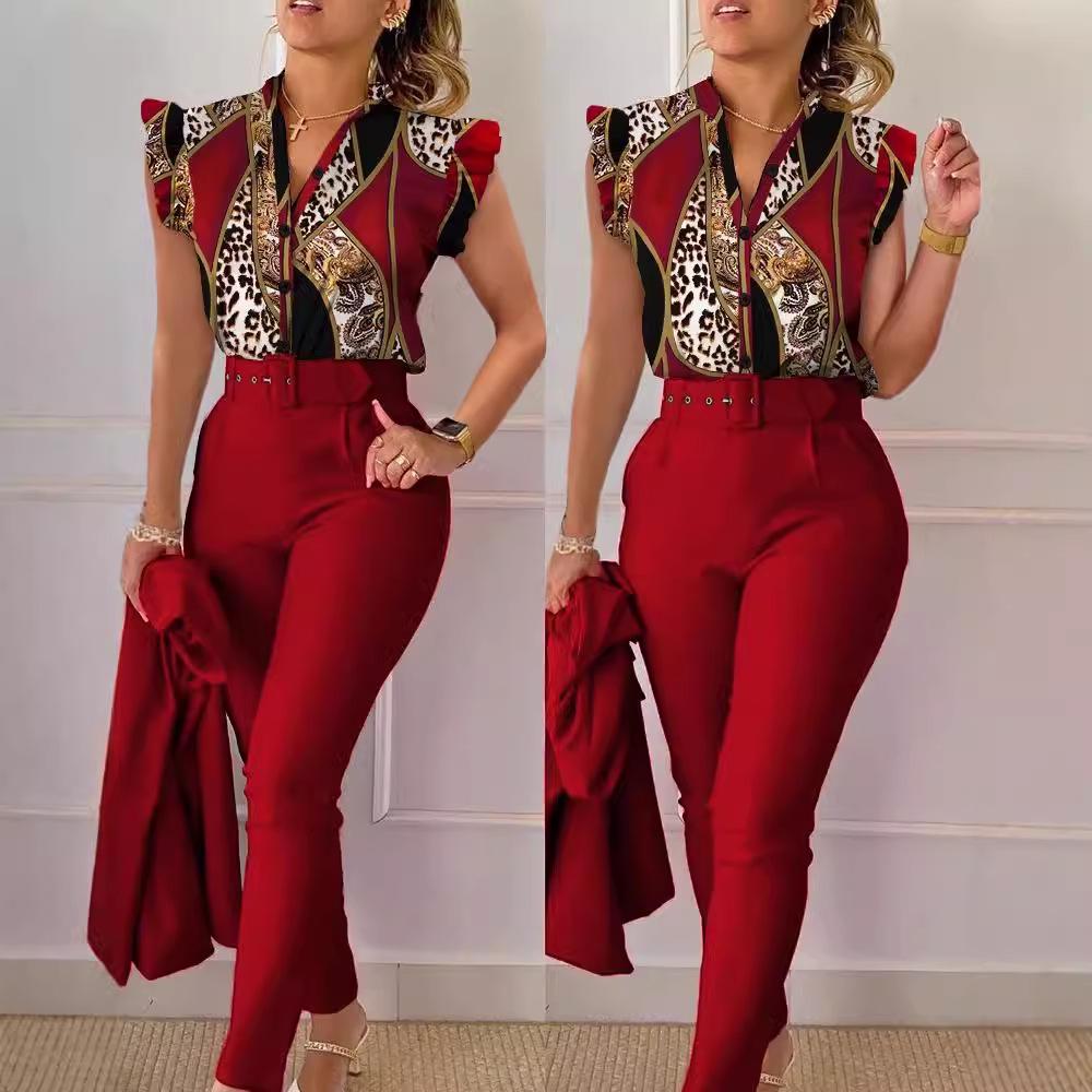 

Women s Fashion Casual Ruffle Sleeve Vest Two-Piece Set L