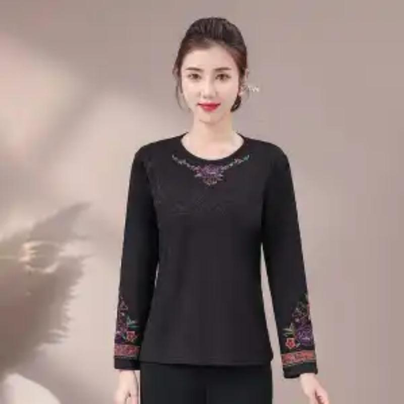 Autumn Winter Bottoming Shirt Plus Velvet Retro Embroidered Ethnic Style T-shirt, Round Neck Versatile and Elegant Top for Women