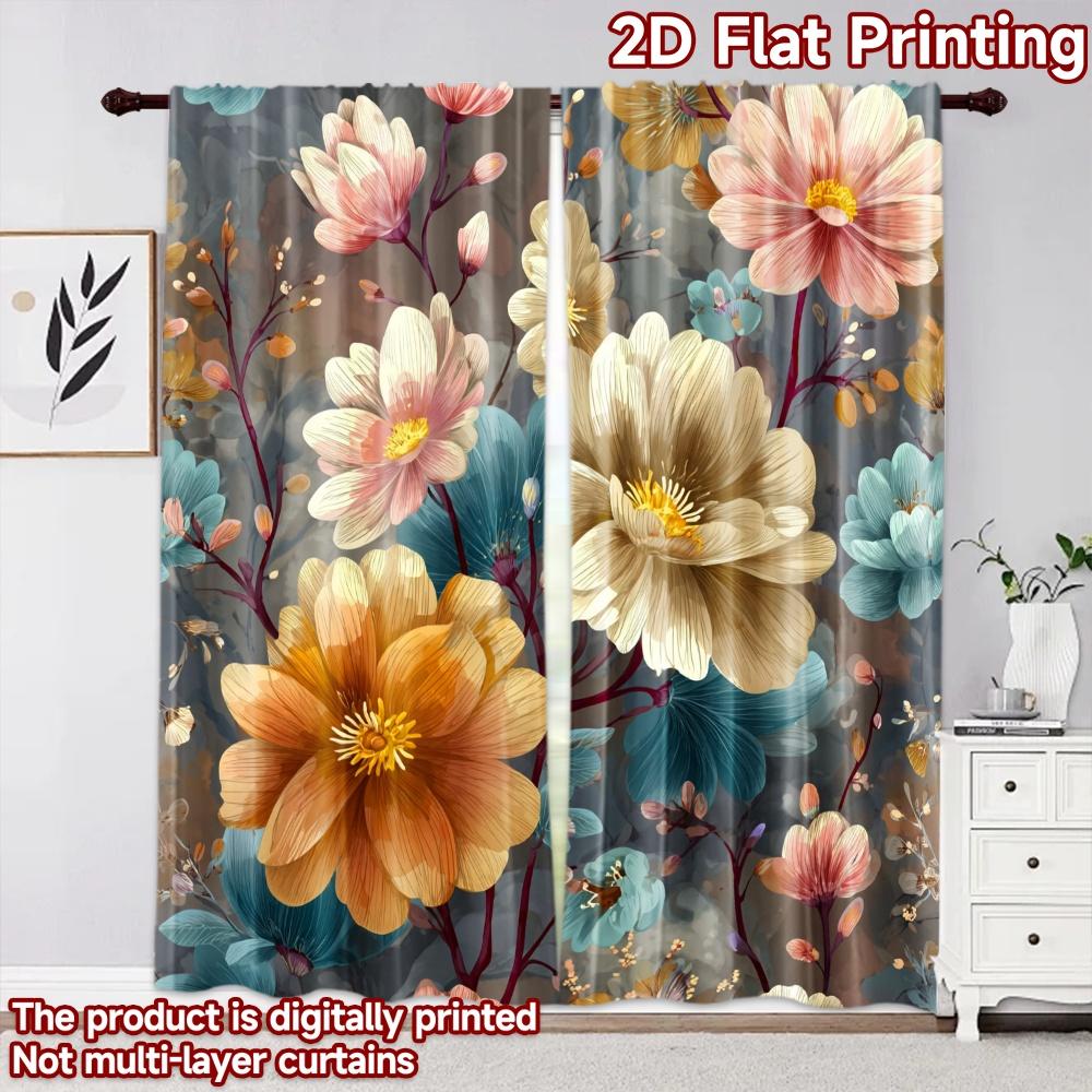 2D Flat Printing 2pcs Curtain Curtains Floral Garden Blooms Digital Printed Polyester Drapes Birthday Party for Parties and