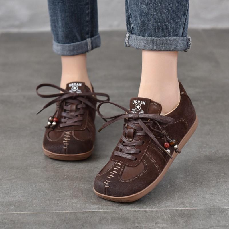 Johnature Flat Lace Up Women's Shoes Genuine Leather Retro Mixed Colors Versatile All Season Shoes