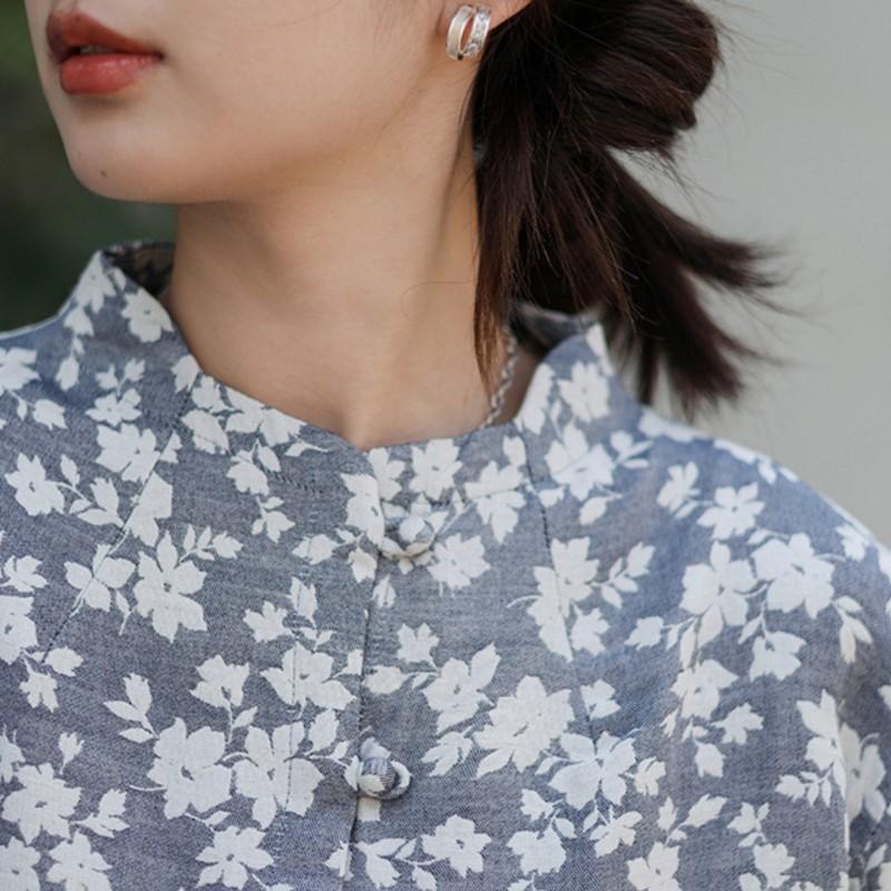 Johnature Women Vintage Shirts Tops Print Floral Stand Long Sleeve Autumn Blouses Button Shirts