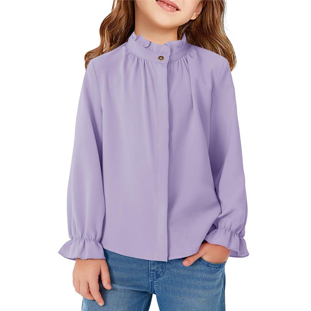 Girls' Ruffled Blouse - Solid Color Stand Collar Shirt
