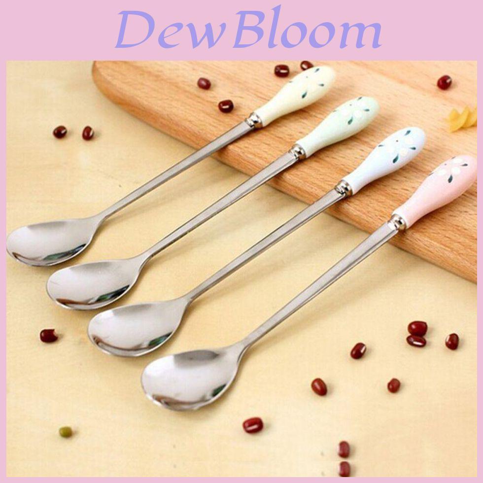Elegant Ceramic Handle Floral Stirring Spoon With Stainless Steel For Milk And Coffee