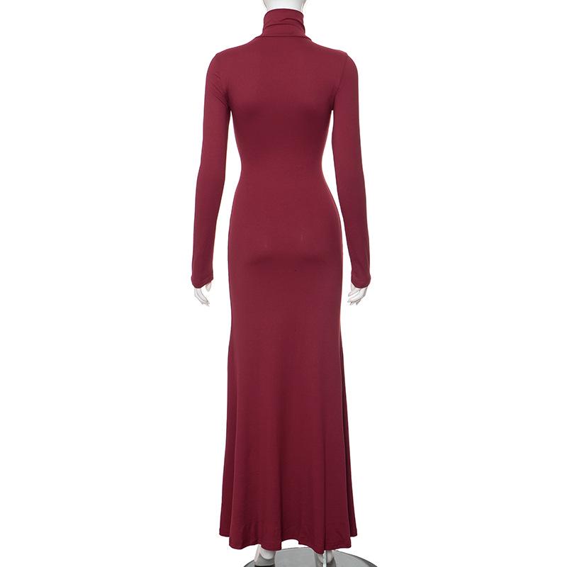 M23DS504 Women's Solid Color High Collar Slim Fit Fishtail Dress - European & American Autumn Collection