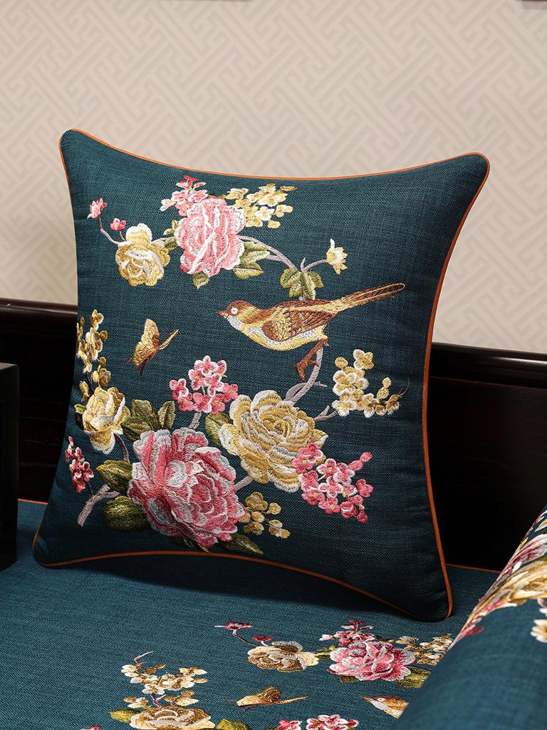 Cotton Linen Cushion Cover Crab-apple Flower Bird Embroidery Throw Pillow Case Decorative Covers For Living Room Sofa Home Decor
