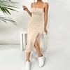Women's Summer Adjustable Spaghetti Strap Sleeveless High Waist Slit Midi Slim Dress