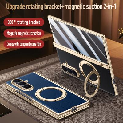 Per Samsung Galaxy Z Fold 7 Pelle 360° Staffa Rotante Vetro Temperato Magnetico Membrana Frontale Anti-Caduta Impronta Digitale Custodia per Telefono