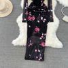 Sexy Tie-dye Printed V-Neck Long Sleeve Dress Women Chic Elegant Patchwork Vintage Midi Dresses Female Korean Fashion Casual One Piece Dress 2024