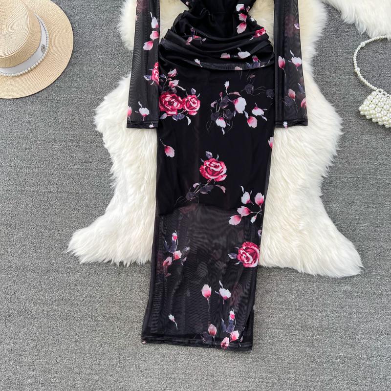 Sexy Tie-dye Printed V-Neck Long Sleeve Dress Women Chic Elegant Patchwork Vintage Midi Dresses Female Korean Fashion Casual One Piece Dress 2024