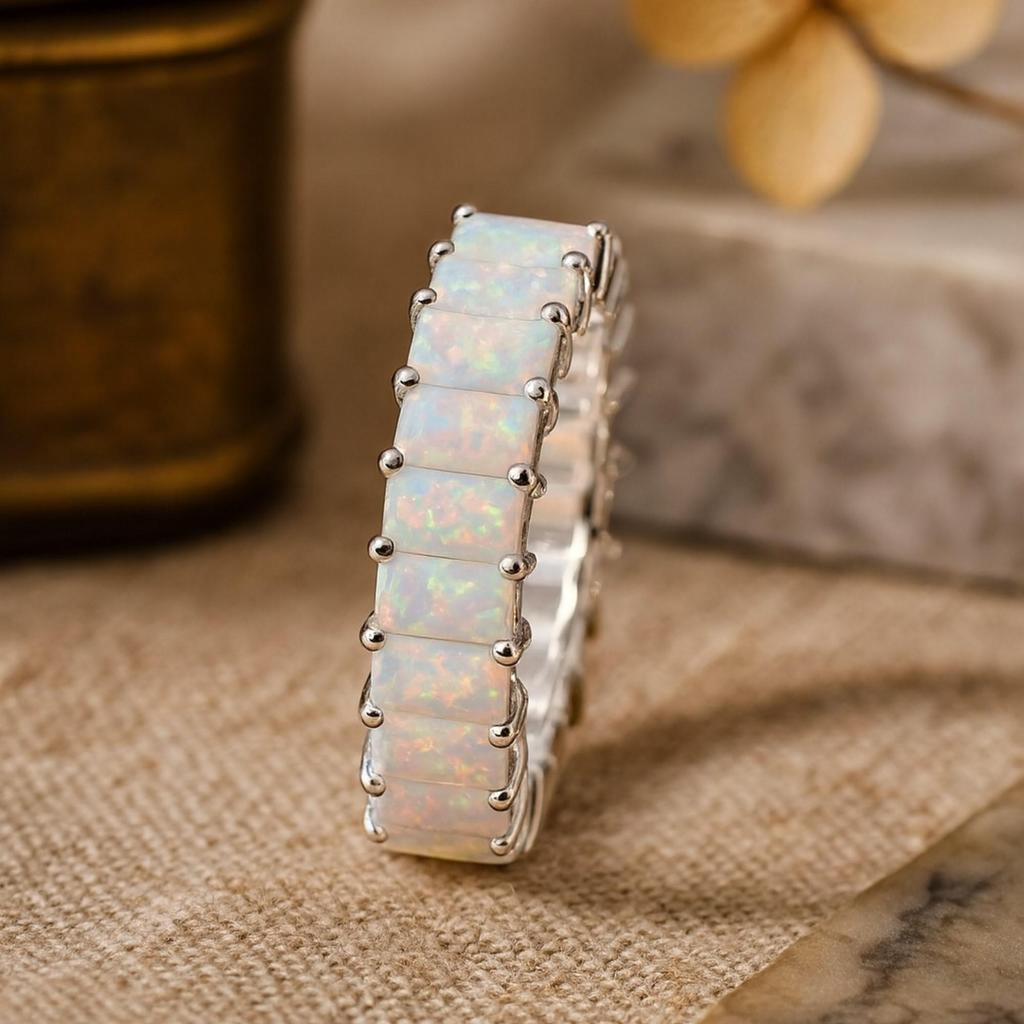 Yellow Gold Plated Opal Eternity Band – 925 Sterling Silver Full Eternity Ring – October Birthstone Bridal Wedding Jewelry Gift for Her