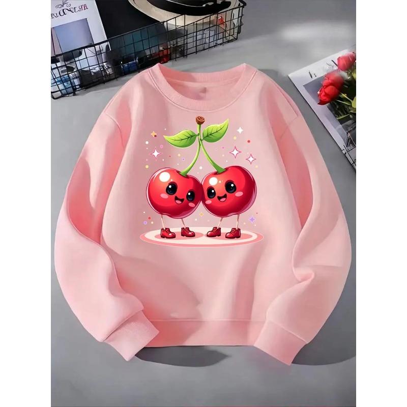 Kids Fashionable Crewneck Sweatshirt, Cute Dancing Cherry Duo Print,Casual Sportswear for Spring & Autumn