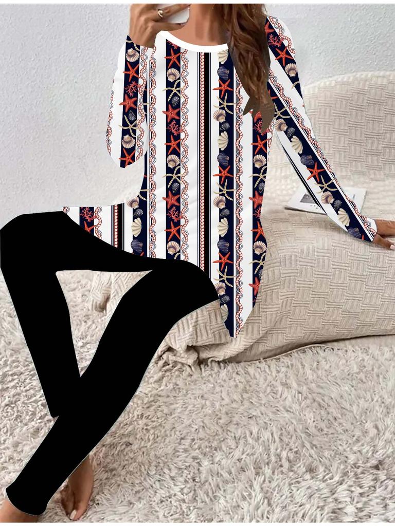 Euroamerikanische Mode 3D Retro bedrucktes Damen Vier-Jahreszeiten Langarm-T-Shirt + Lange Hose Zweiteiler. Perfektes Geschenk für Neujahr & Weihnachten