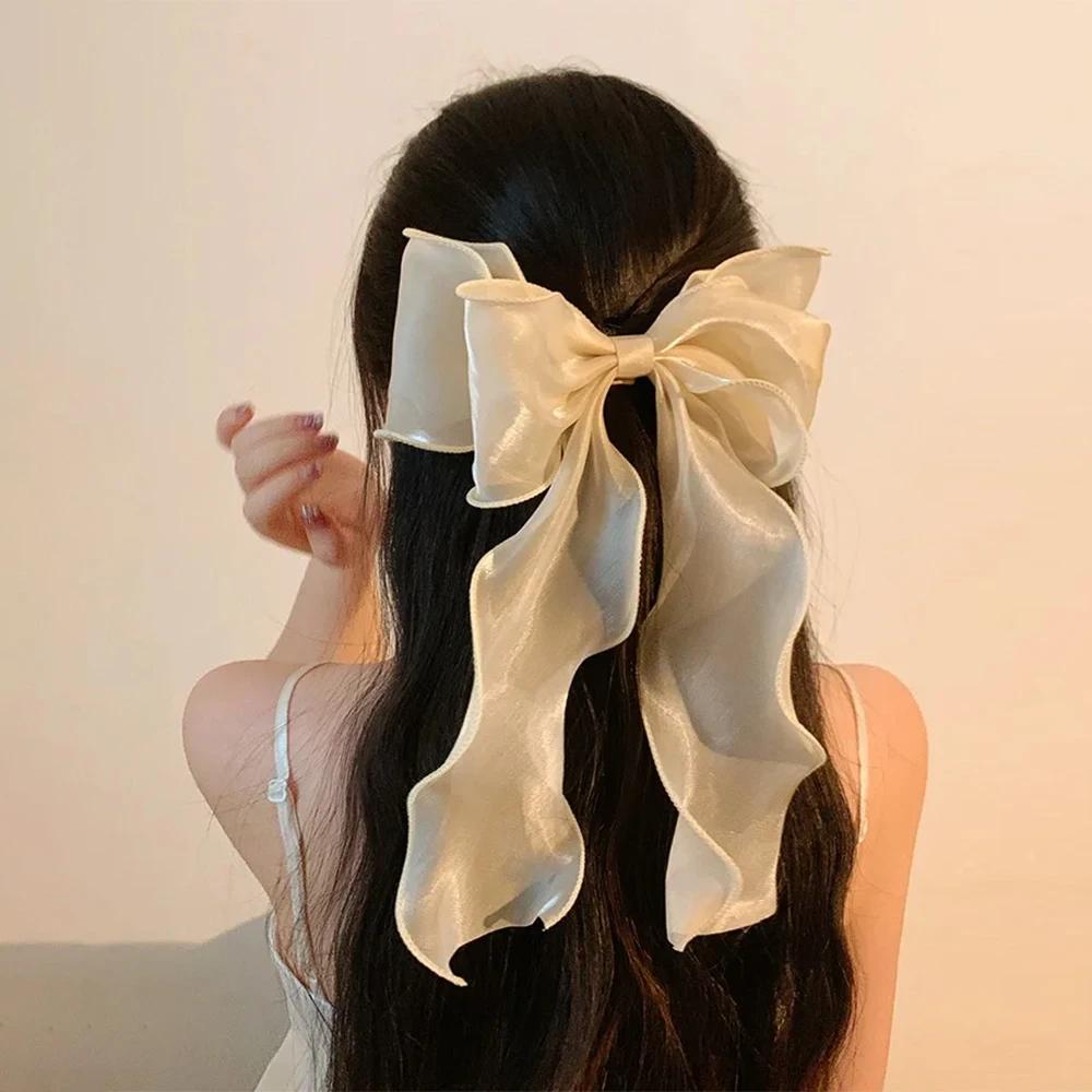 1Pcs Elegant Bow Ribbon Hair Clip Women Fashion Simple Solid Satin Spring Clip Ponytail Bow Hairpin Girls Hair Accessories Quality