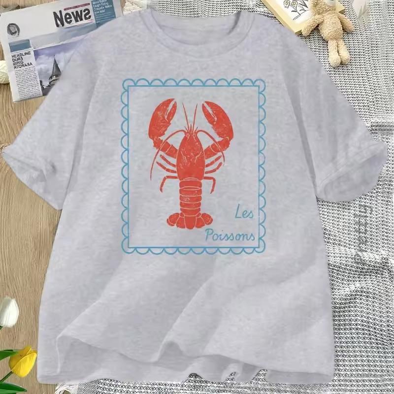 

Lobster T-Shirt French Coastal Tee Shirt Men Women Summer Cotton Short Sleeve T Shirt Oversized Round Neck Tshirt Oversized 4XL сірий
