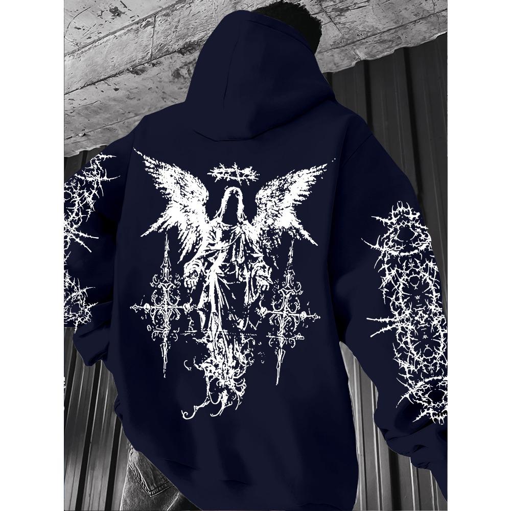 Men's Angel Element Graffiti Thorn Print Fashionable Street Wear Hip-hop Punk Style Hoodie, Regular Fit, Casual Long Sleeved Pullover