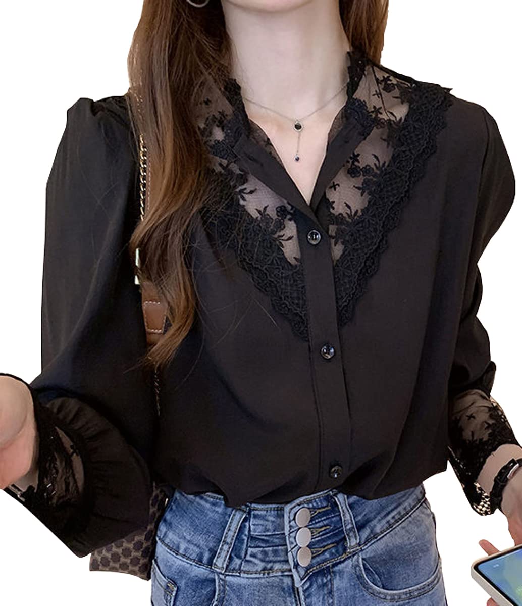 

Wearbee Long Sleeve Lace Blouse with Chiffon Floral Effortless Korean Loose Dress Size M Women s Buttons, Print, See-Through Design, Button-Front
