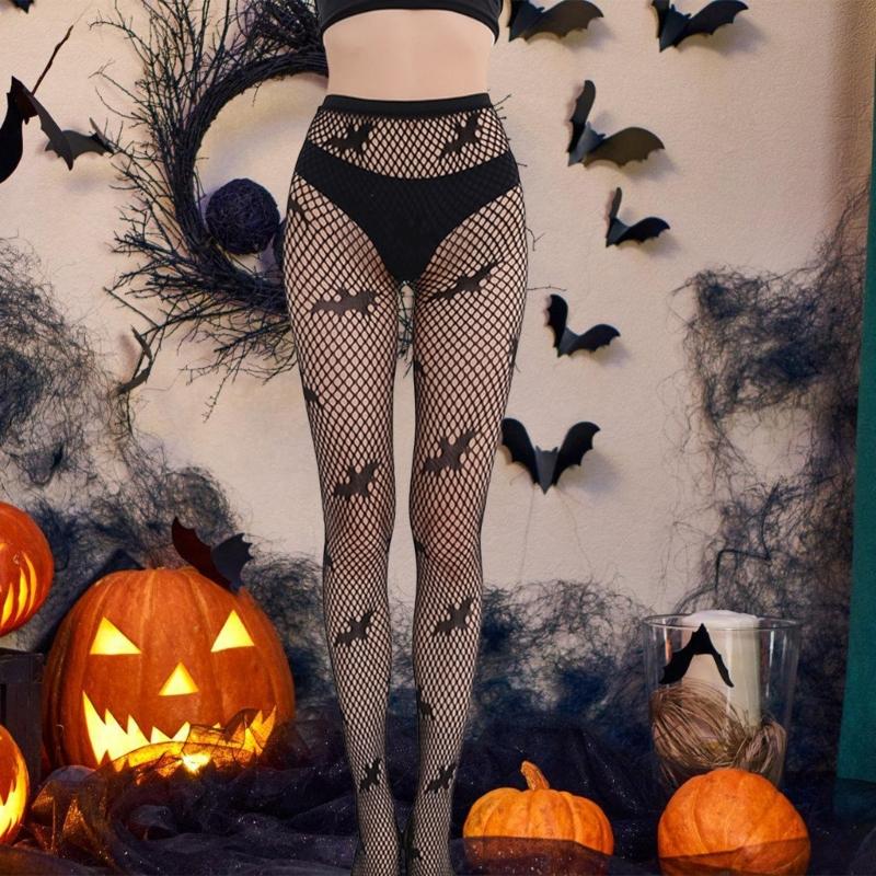 Women Halloween Party Fishnet Pantyhose Stockings Vintage Skull Skeleton Ghostly Patterned Mesh Tights Hosiery Clubwear