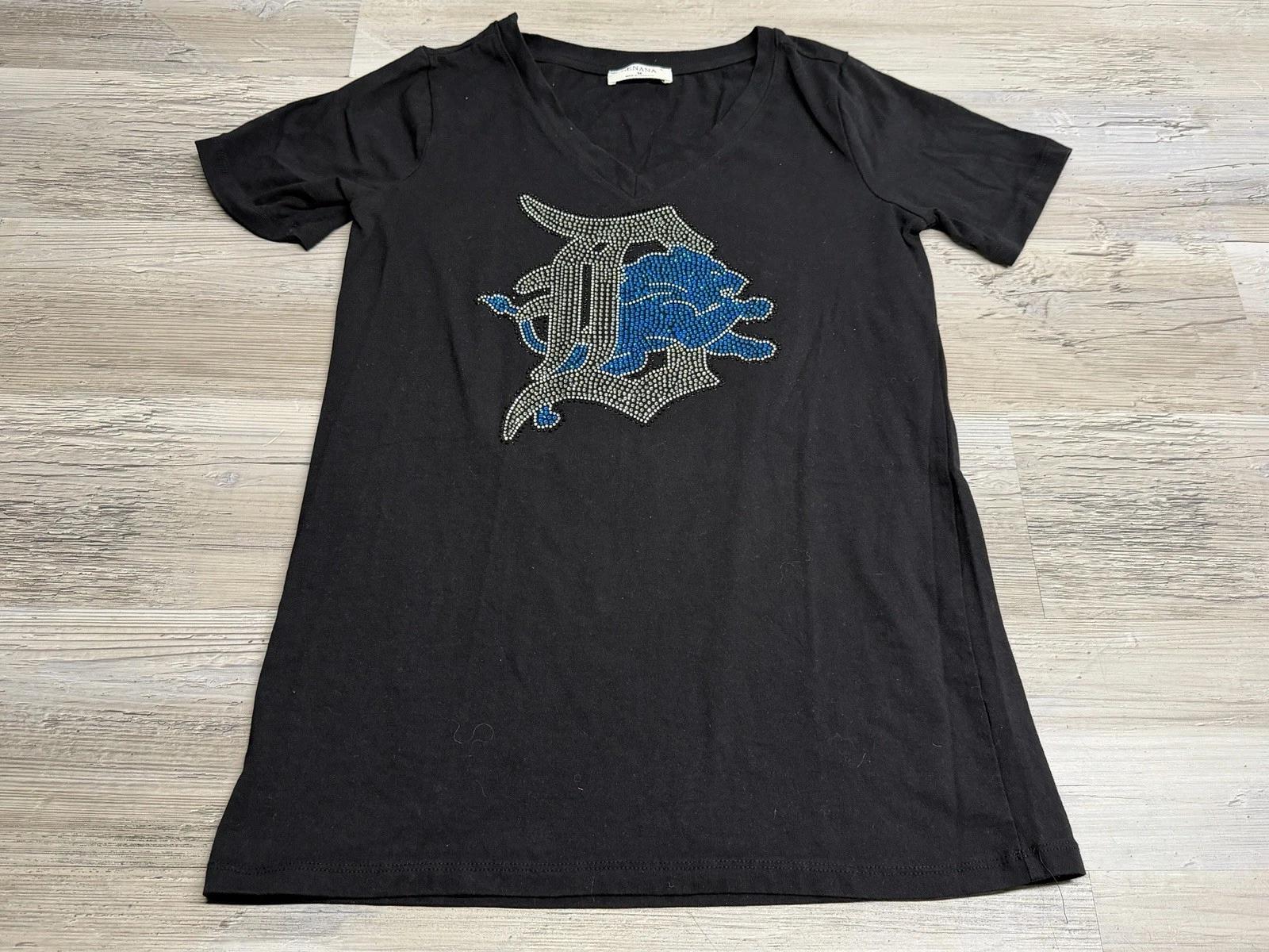 Detroit Lions Rhinestone T-Shirt Womens NFL Top Short Sleeve Black Size Medium 3XL