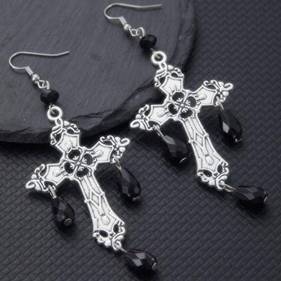 Gothic Punk Style Cross Carved Pattern Droplet Shaped Pendant Earrings, Women's Personalized Trendy Holiday Accessories Zircon